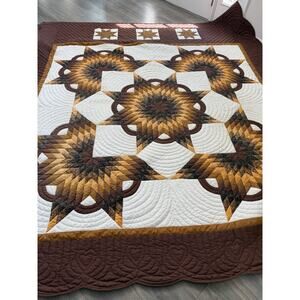 Amish Broken Star Quilt Handcrafted Brown Gold Cotton Handsewn King 98x113